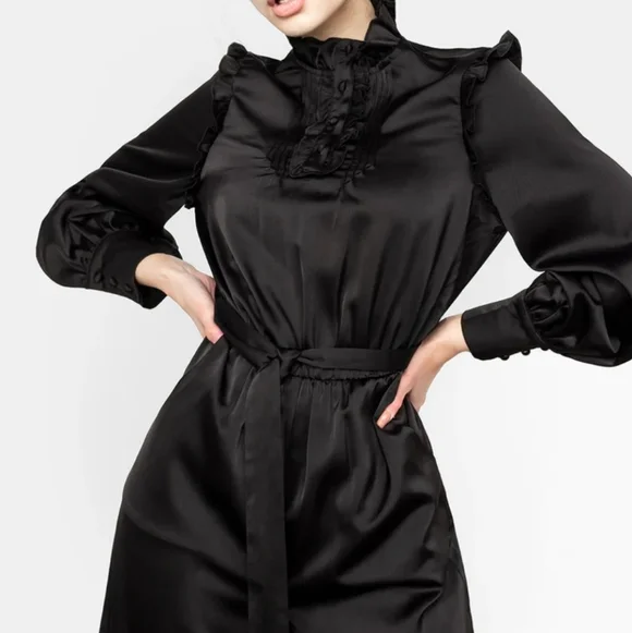 Disturbia Pintuck Rufflw Black Long Sleeve Ruffle- Jumpsuit Size 12 Belt Missing - Picture 2 of 13